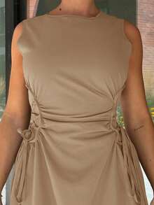 Bethéva Đen Ngày Đêm Bên Chữ Thập Frenulum Rắn Ruched Chi Tiết Áo Dài - Màu Khaki - Xem 3