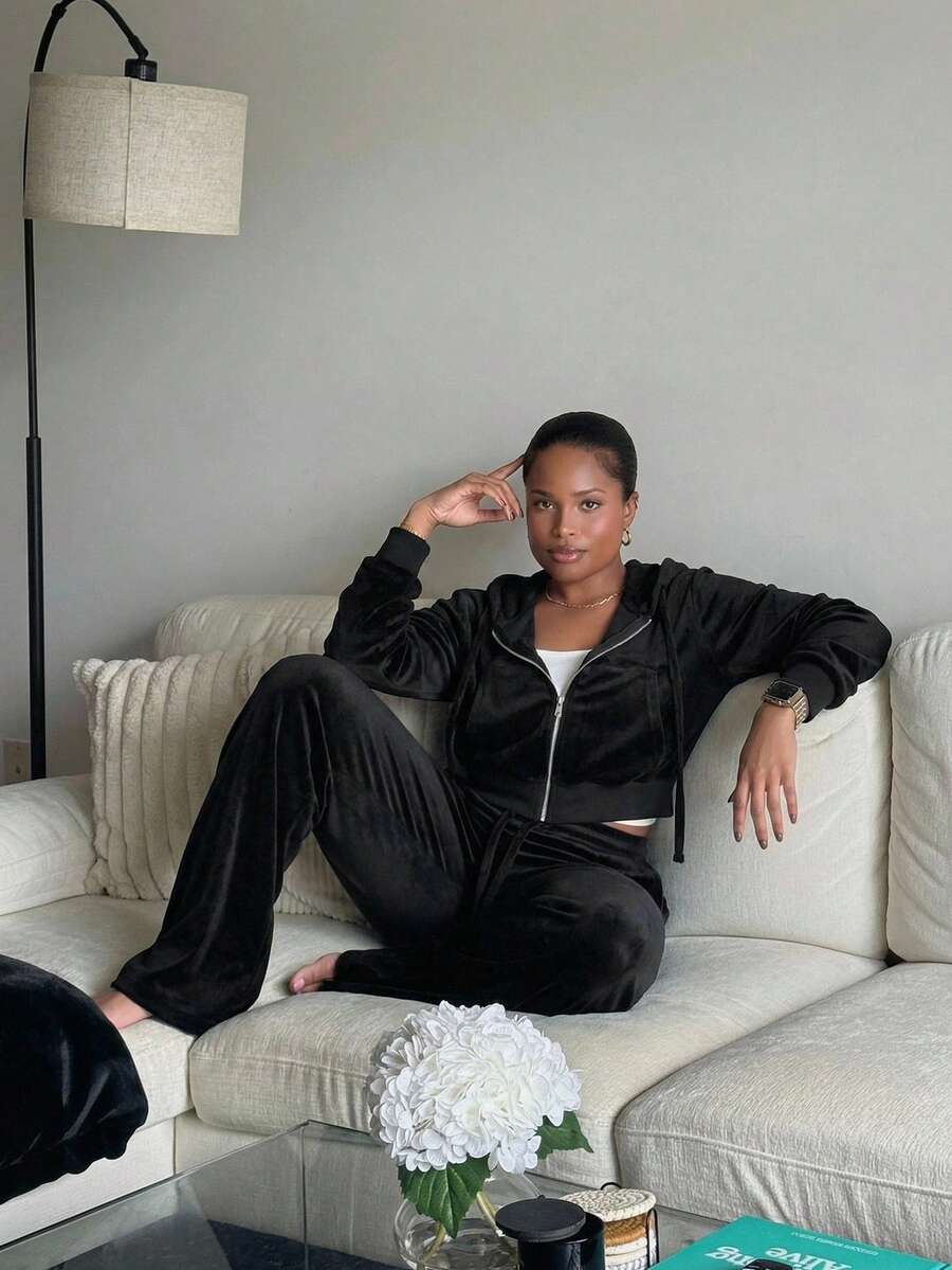 Bộ đồ hai mảnh nữ Dây kéo Túi màu trơn Buổi tiệc - màu đen - Xem 1