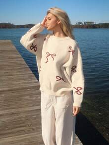 Sydney Algeri 女式宽松圆领蝴蝶图案长袖毛衣 - 米色 - 查看 1