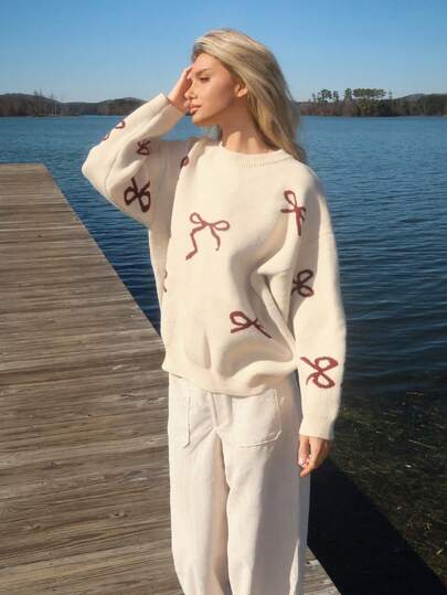 Sydney Algeri 女式宽松圆领蝴蝶图案长袖毛衣