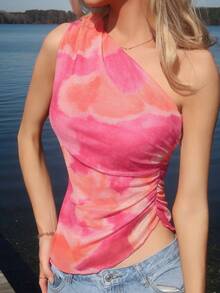 Sydney Algeri Débardeur d'été asymétrique élégant, coupe slim, en tissu mesh imprimé avec effet tie-dye aléatoire et froncé - Multicolore - Voir 3