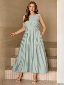 Roveilla Plus Size Women's Spring/Summer French Elegant Luxury Minimalist Design Casual Vacation Workwear Vintage Comfortable Solid Color Linen-Like Fabric Round Neck Waist Cinched Sides Waist Loops Metal Button Flared Hem Sleeveless Maxi Dress Plus Size Sage Dress Dusty Blue Women Dress Sage Dress Plus Size Curve Dresses With Pockets Light Blue Dress Curve - Mint Green - View 7