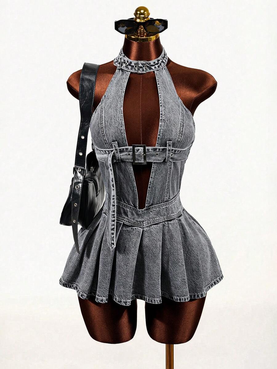 Mistrie Women's Sexy Hollow-Out Halter Neck Denim Dress With Eyelet Buckle Design - Black - View 1