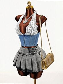 SHEIN Women's Contrast Lace Zip Front Halter Denim Blouse - Blue - View 7