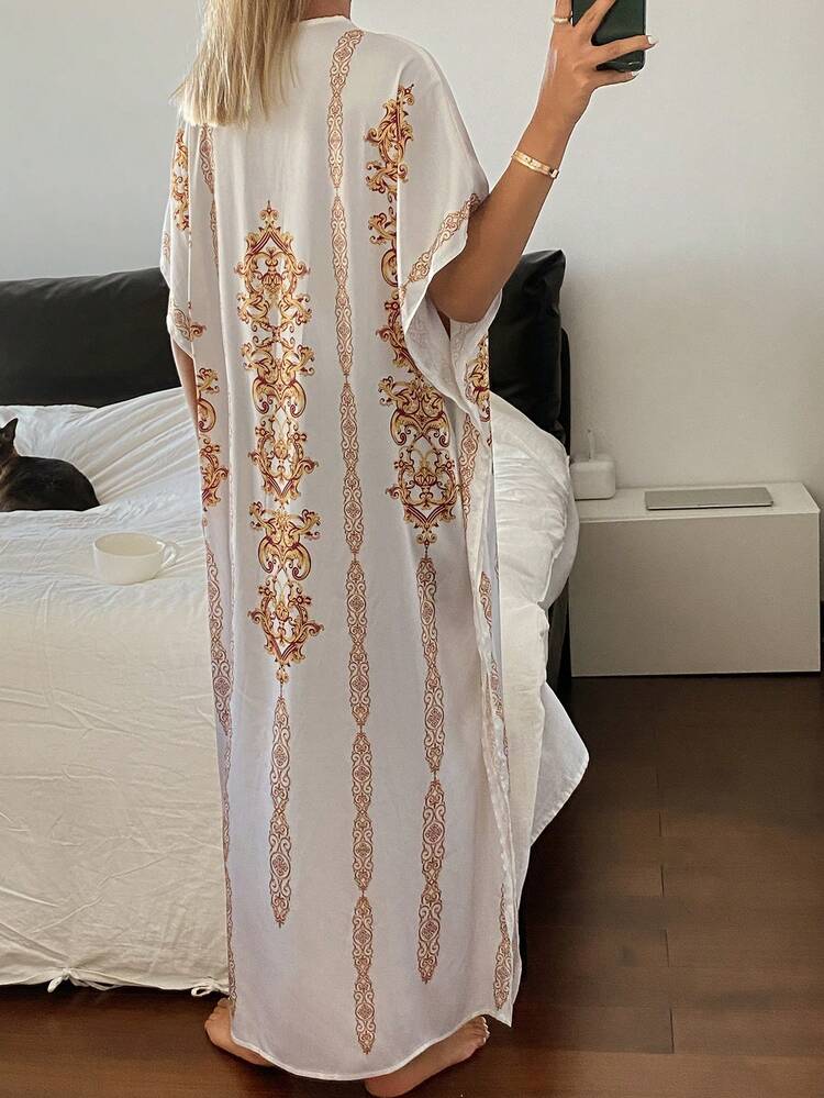 Floral Pattern V-Neck Loose Short Sleeve Maxi Nightgown Dress, Women Summer Sleepwear