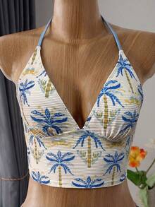 Bellisia 新款女士两件套泳衣，亲肤面料，随机印花露背上衣搭配侧系带泳裤，沙滩度假泳装套装，春夏款 - 淺藍色 - 查看 5