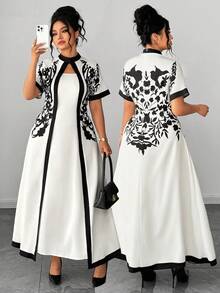 Elenzga Đầm hoa in họa tiết, thanh lịch, kiểu Pháp cổ điển, thắt eo, thích hợp cho kỳ nghỉ, thường ngày. - Màu be - Xem 8