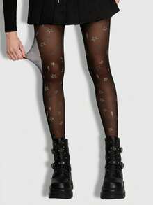 ROMWE Kawaii 1pc Women's Black Star And Floral Patterned Sexy Tights/Pantyhose/Leggings - Multicolor - View 2