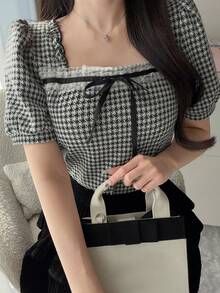 FRIFUL 女士千鸟格前系带短款花瓣袖时尚T恤 - 黑色 - 查看 6