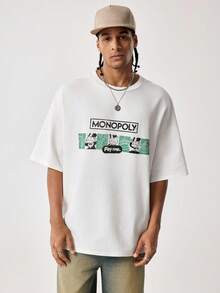 MONOPOLY X SHEIN Áo thun nam tay ngắn cổ tròn in hình hoạt hình, phong cách thường ngày, MONOPOLY - trắng - Xem 3