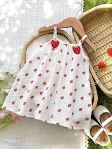 Vintaside Kids 女婴夏季甜美清新草莓印花吊带连衣裙，宽松A字廓形，适合日常外出、休闲旅行、家庭聚会、夏季野餐 - 彩色 - 查看 3