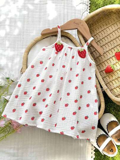 Vintaside Kids Baby Girls' Summer Sweet Fresh Strawberry Print Halter Dress, Loose A-Line Silhouette, Suitable For Daily Outings, Casual Trips, Family Gatherings, Summer Picnics