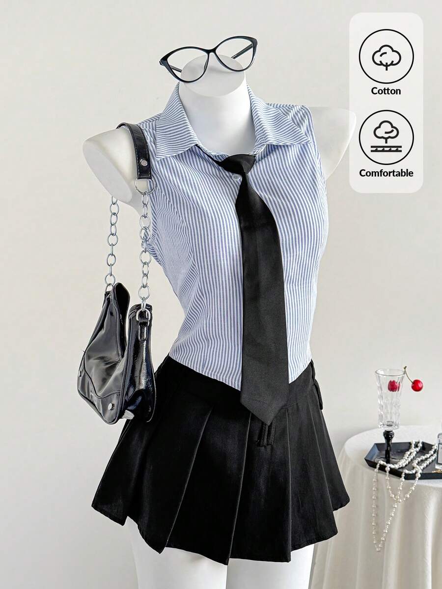 Comfortcana 1 pieza Blusa sin mangas tejida con corbata a juego Blusa sin mangas Tops preppy Ropa de trabajo para mujer Nuevos lanzamientos primavera/verano 2026 Conjuntos de verano de moda para mujer Atuendo de playa Salida Atuendos de vacaciones Blusa casual para mujer Estilo Y2K de los años 2000 Atuendos de verano para mujer Primavera Atuendos de primavera Ropa de primavera para mujer Vacaciones Ropa de fiesta de boda elegante Atuendos de vacaciones en la playa para mujer Casual, Día de San Valentín, Carnaval, Playa, Vacaciones, Ocio en casa, Calle, Universidad, Vintage americano Blusa casual - Azul - Ver 1