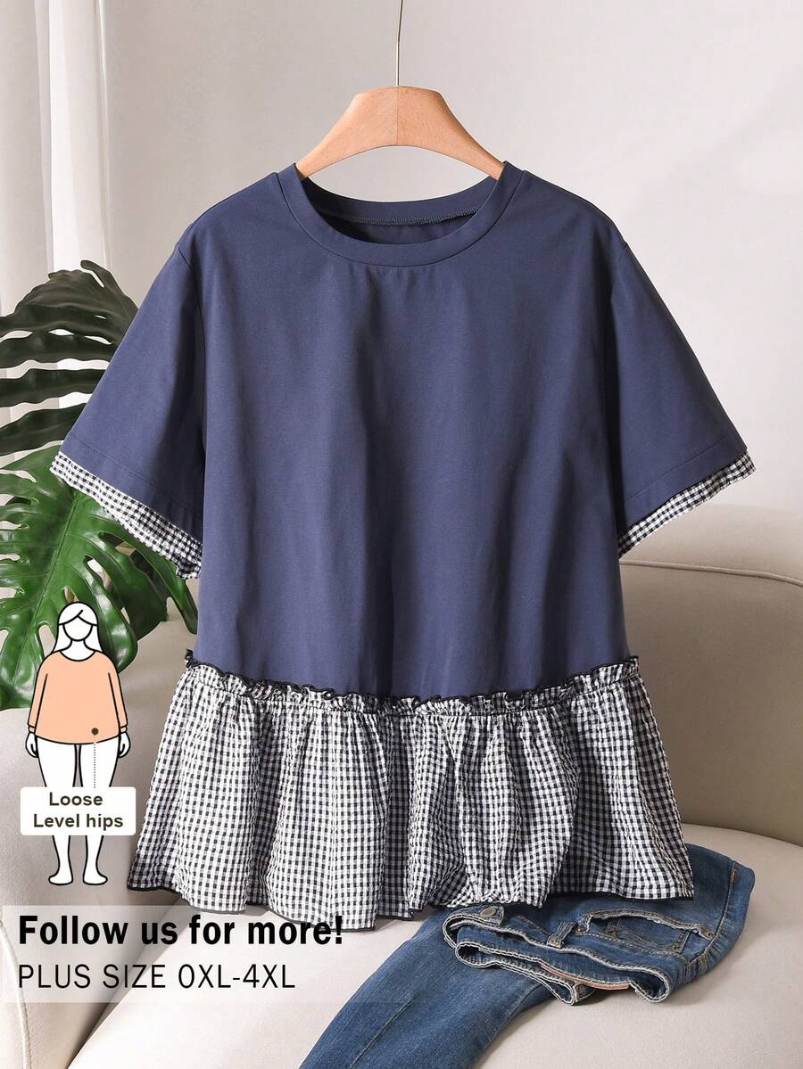 CosyJoli 大码女式休闲拼接撞色上衣，春夏款 - 藏蓝色 - 查看 1