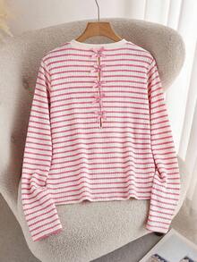 CosyJoli Plus Size French Style Hollow-Out Bow Striped Knit Sweater - Hot Pink - View 2