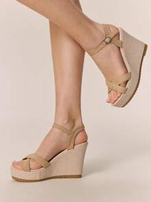 Styleloop 女士厚底坡跟凉鞋 红色夏季露趾草编鞋 波西米亚风度假正装鞋 罗马沙滩凉鞋 - 卡其色 - 查看 2