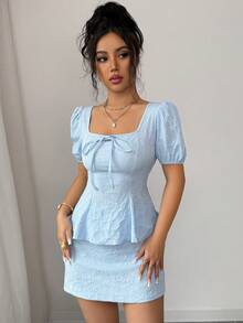 Elenzga 女士春夏优雅提花翻领花瓣袖收腰A字衬衫和高腰紧身裙两件套 - 藍色 - 查看 4