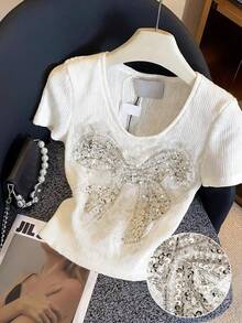Franclia Casual Fashionable Sequin Bow Lace Trim Blouse For Women Ytk Clothes Butterfly Top For Women Ysk Clothes Butterfly Tshirt - White - View 2