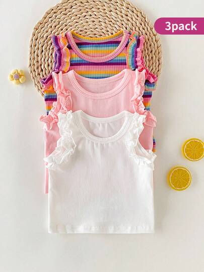 SHEIN Playful Pals 3pcs/Set Baby Girls' Casual Tops, Includes Solid Pink, Apricot, And Striped Ruffle Sleeve Vests, Comfortable & Skin-Friendly, Suitable For Home, Vacation, Or Daily Wear