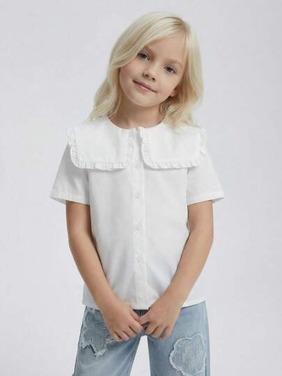 Maija Kids 1pc Young Girls Elegant Refined Casual School Style Solid Color Square Collar Short Sleeve Shirt, Suitable For Outings, Gatherings, Festivals, Spring, Summer