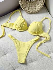 Yellow Tie-Up Bikini With Underwire & Spaghetti Strap - Yellow - View 4