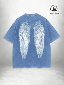 Manfinity EMRG Men's Angel Wings & Skull Graphic Print Street Style 100% Cotton Crew Neck Short Sleeve T-Shirt - Blue - View 3