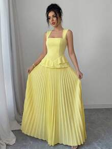 Elenzga 女士无袖弹力腰A字优雅浪漫连衣裙 - 淡黃色 - 查看 5