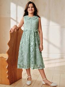 Anewsta Spring/Summer New Arrival Peter Pan Collar Princess Dress, Lace Overlay Big Girls Dress - Mint Green - View 4