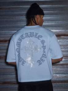 AXEPEAK Men's Casual Loose Short Sleeve T-Shirt, White With Printed Rhinestone Handmade Label, Summer - Sky Blue - View 3