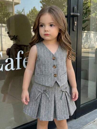 SHEIN Babygirl Cute Simple Gray Striped Tank Top & Elastic Waist Mini Skirt Set