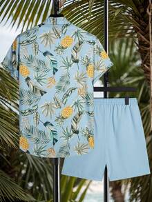 Manfinity RSRT Bộ áo sơ mi tay ngắn cài cúc phía trước in hình cây cỏ và trái cây, gồm áo và quần short màu trơn. - Màu xanh lam - Xem 3