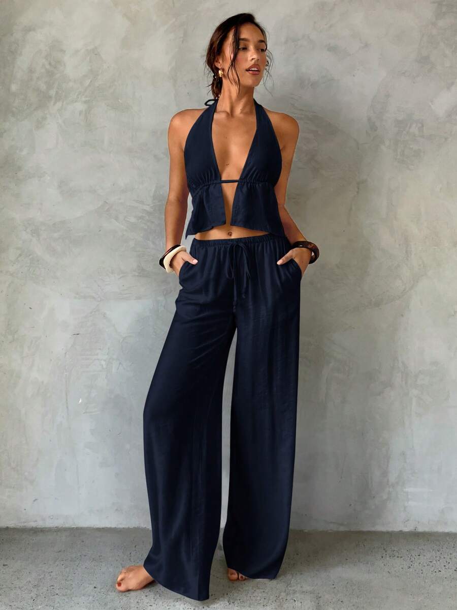 Aloruh Bộ đồ nữ mùa xuân/hè mới màu mơ, gồm áo khoác không tay cổ yếm buộc dây và quần ống rộng đính hạt, thích hợp mặc đi biển/nghỉ dưỡng/thường ngày. - Màu xanh hải quân - Xem 1