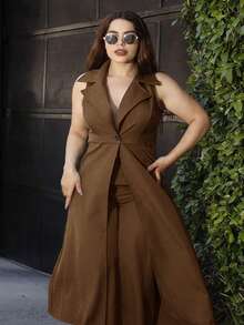 Lupita Cardoza 优雅通勤无袖长翻领收腰 A 字长款夹克搭配长裤 2 件套 - 棕色 - 查看 5