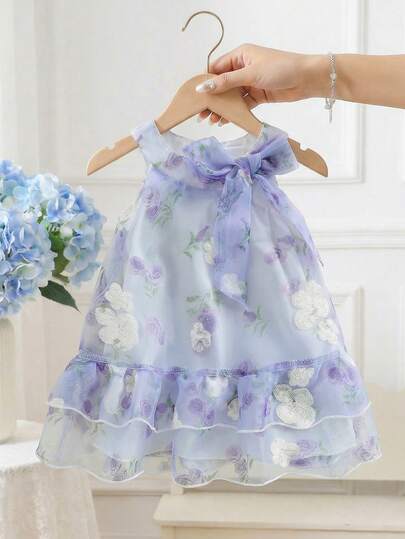 SHEIN Baby Girl Floral Print Elegant Halter A-Line Dress, Princess Style Cake Skirt, Sweet And Cute, New Spring/Summer Collection, Suitable For Birthday Party, Daily Wear, Vacation