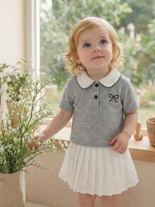 SHEIN 2件套女婴0-3岁休闲优雅Polo衫上衣和百褶裙套装 - 灰色 - 查看 9