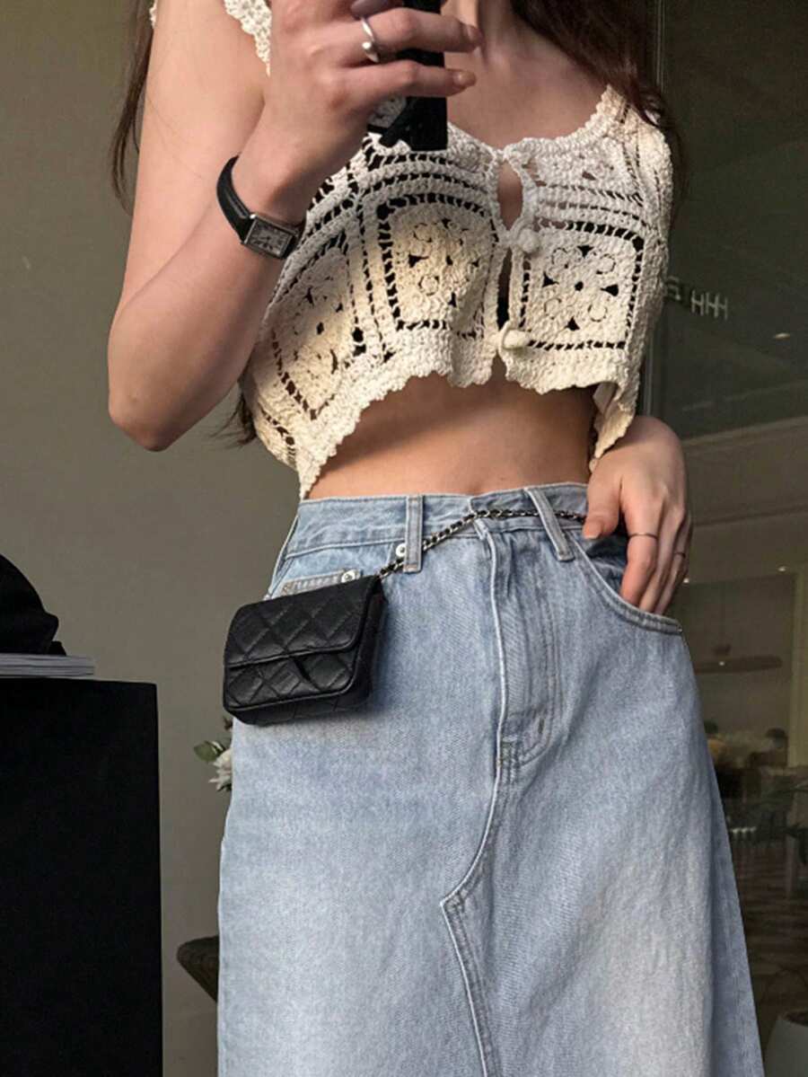 DAZY Top corto con diseño calado sexy, estilo de playa/vacaciones para mujer - Beis - Ver 1