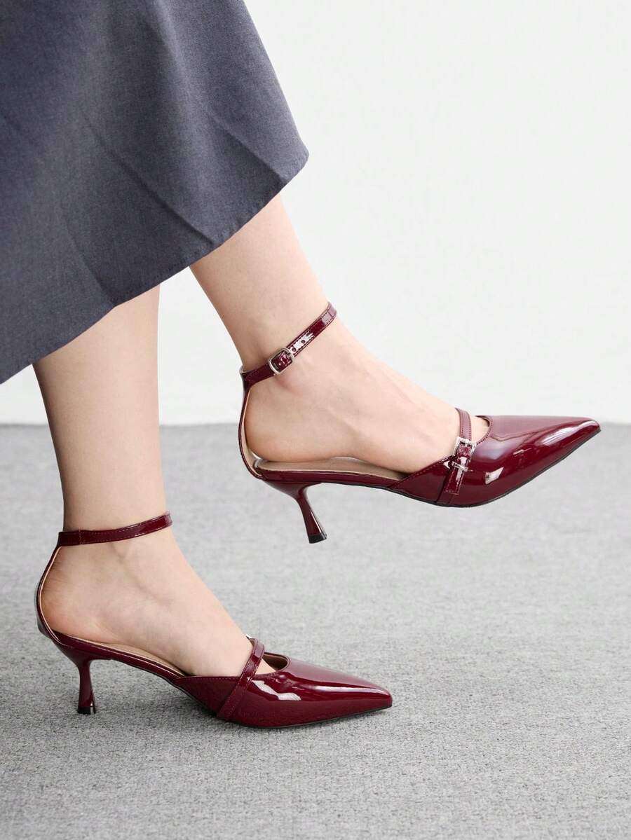CUCCOO BIZCHIC 女士高跟鞋,复古亮面酒红色高跟鞋,尖头双扣镂空细高跟鞋,春夏百搭职场约会鞋 - 酒紅色 - 查看 1