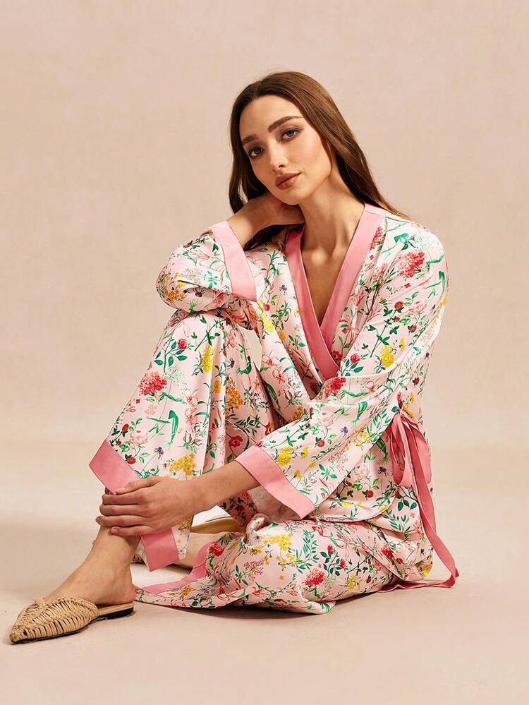 Women's Pink Floral Kimono Pajama Set