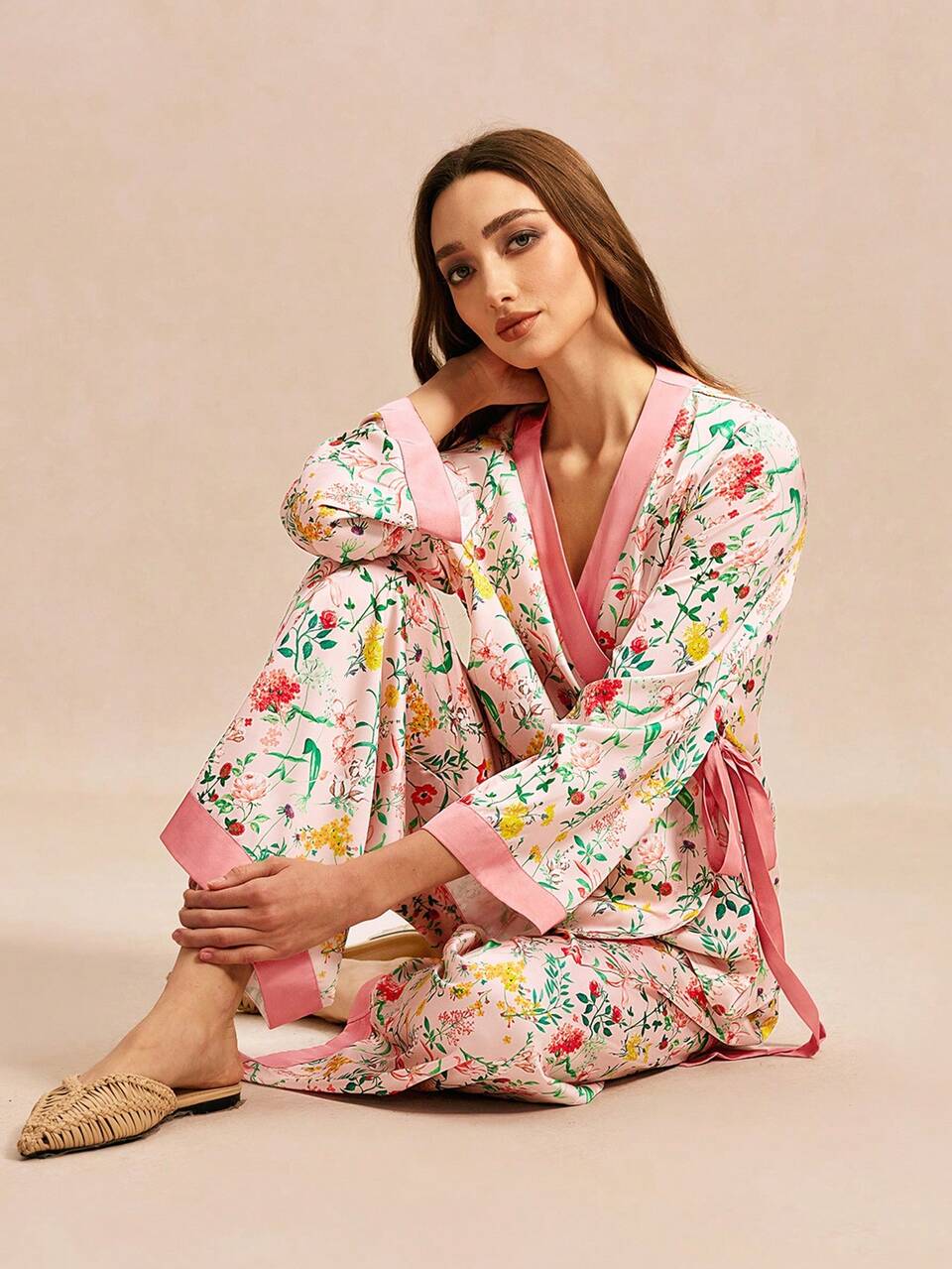 Women's Pink Floral Kimono Pajama Set