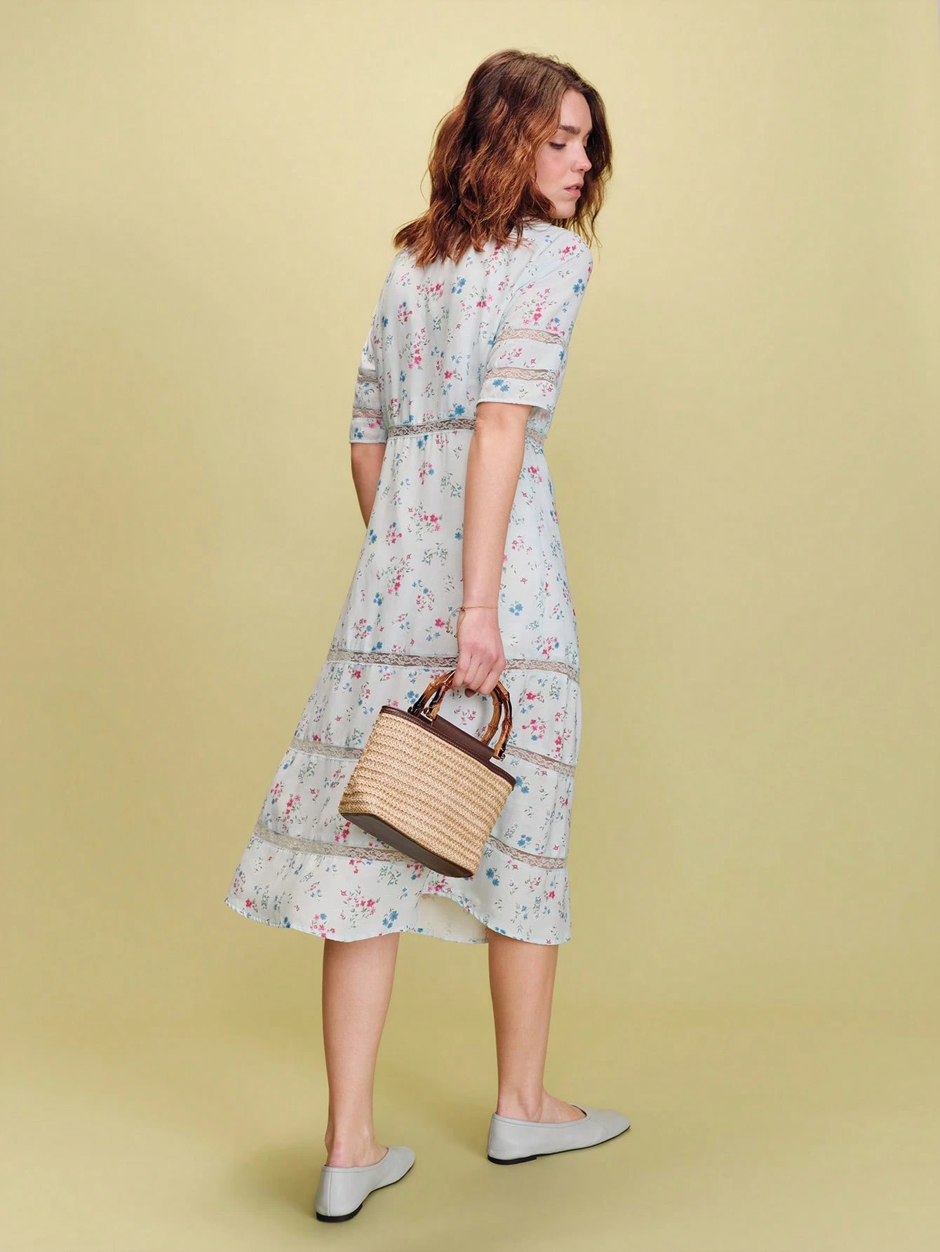 Sky Blue Fitted Midi Dress With Floral Print And Lace Details, Spring-Summer Style Spring Summer French Style Parisian Style Holiday Dress Vacation Dress Wedding Guest Dress