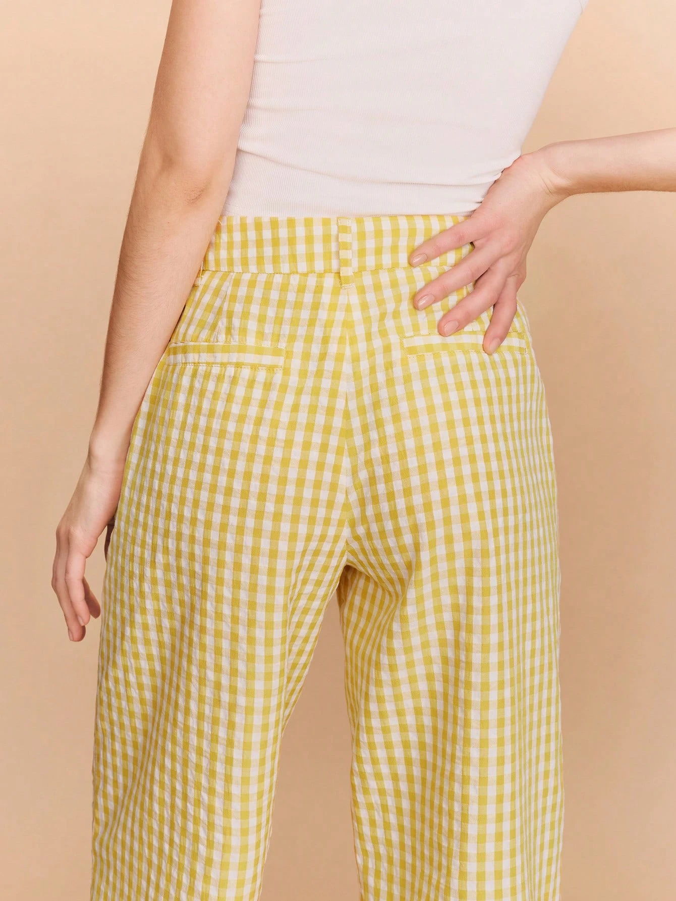 Żółte spodnie w kratkę Gingham z szerokimi nogawkami, lato, wiosna, lato, styl francuski, styl paryski