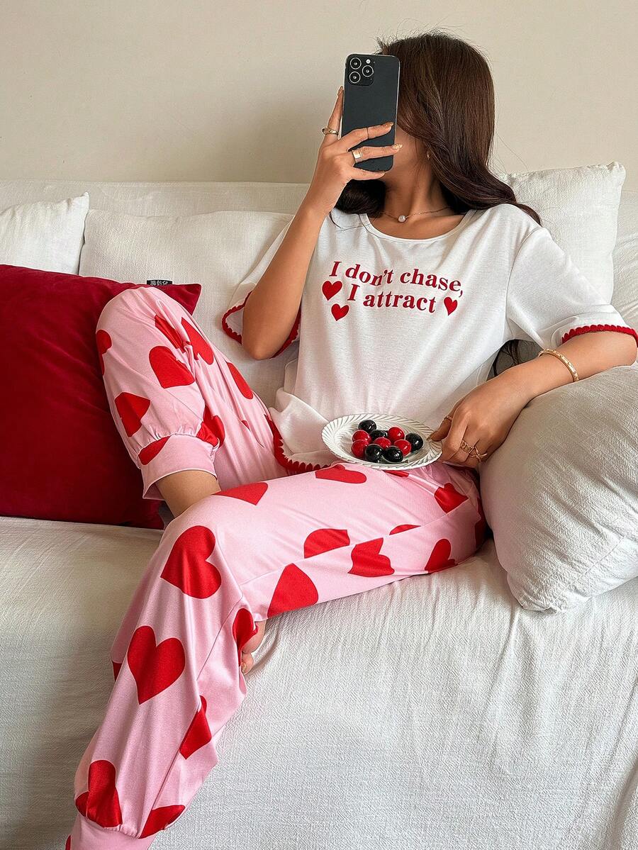 Dream Adore Heart & Letter Print Casual Round Neck Short Sleeve Women Pajama Set - Multicolor - View 1