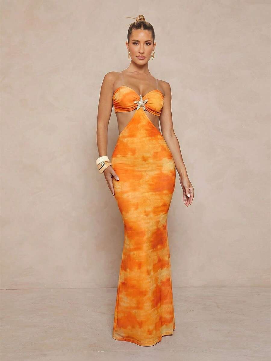 Lumalex Printed Tie-Up Waist Backless Dress For Women - Orange - View 1