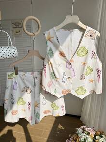 Comfortcana 大码女式单排扣纯色背心短裤休闲套装两件套，春夏米色两件套休闲套装，女式两件套短裤套装，秋冬返校季 - 彩色 - 查看 5