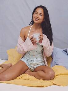 Athîral 女士格子蝴蝶结吊带上衣和短裤睡衣套装 - 彩色 - 查看 3