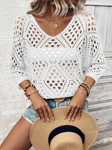 Breezaya Áo dệt kim tay lửng khoét lỗ dáng rộng thoải mái dành cho nữ - trắng - Xem 7