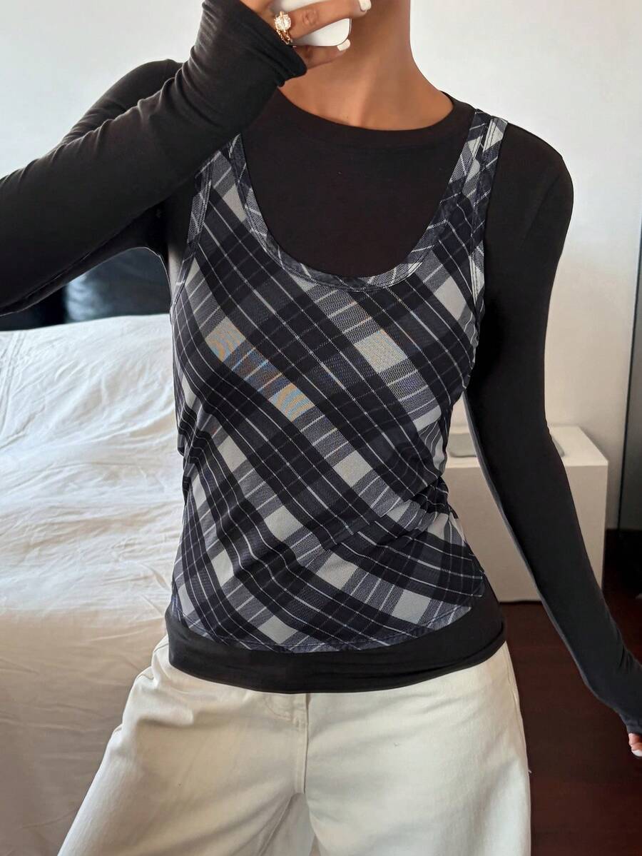 DAZY 两件套女士格子修身吊带背心和长袖T恤休闲度假夏季套装 - 灰色 - 查看 1