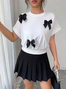 Elenzga Women's Summer Outing, Dating, New Year, Valentine's Day, Easter, Mother's Day, Music Festival, Middle Eastern, Wedding, Elegant Casual Minimalist Commute Romantic Vacation Round Neck Bow Tie Waist Fitted Regular Drop Shoulder Short Sleeve Sweatshirt, White - White - View 4