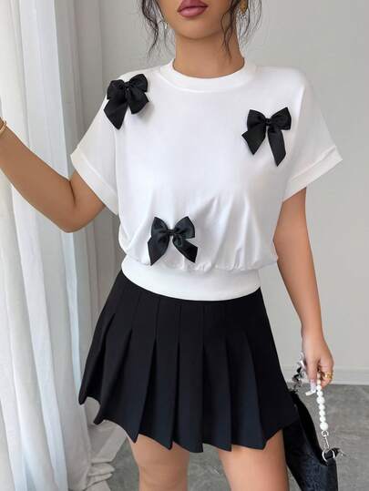 Elenzga Women's Summer Outing, Dating, New Year, Valentine's Day, Easter, Mother's Day, Music Festival, Middle Eastern, Wedding, Elegant Casual Minimalist Commute Romantic Vacation Round Neck Bow Tie Waist Fitted Regular Drop Shoulder Short Sleeve Sweatshirt, White