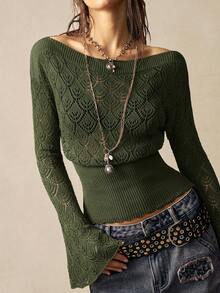 Bohemela Women's Solid Color Scoop Neck Hollow Design Waist Fitted Sweater - Army Green - View 3